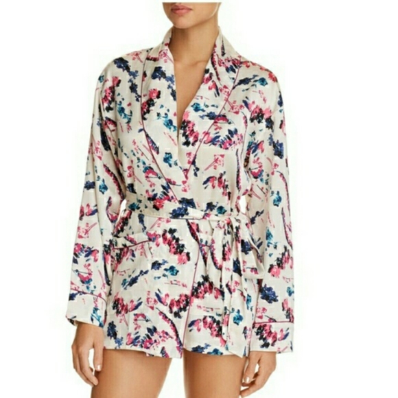 Sam Edelman White Abstract Floral Smoking Jacket Short Robe Sz S & Sz M NWT - Picture 3 of 5